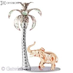 Crystocraft - Elephant and Palm Tree on Silver Plate - Rose Gold  -  Silver