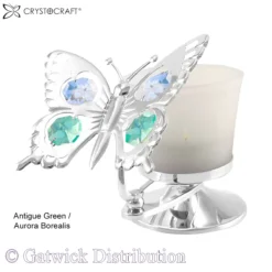 Crystocraft - T-Light - Swallow Tail Butterfly - Silver - Antigue Green - Aurora Borealis