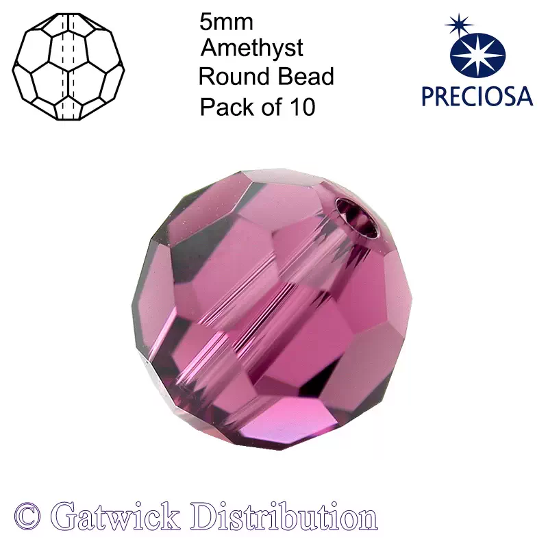 Preciosa - Round Beads - 5mm - Amethyst - Pack of 10