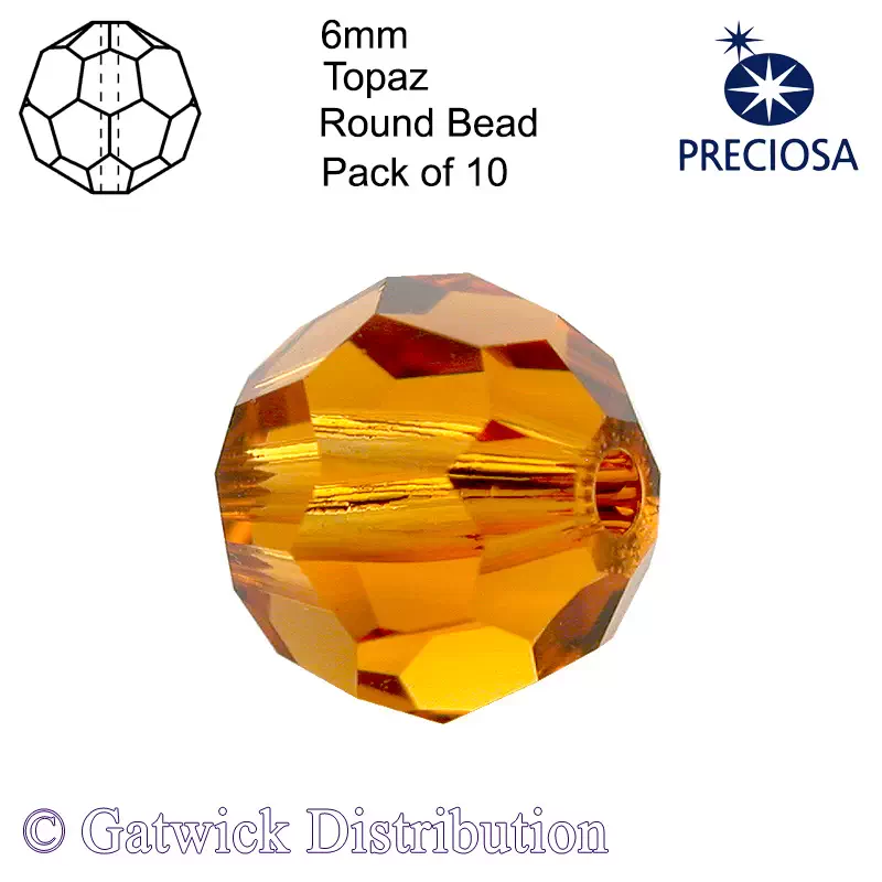 Preciosa - Round Beads - 6mm - Topaz - Pack of 10