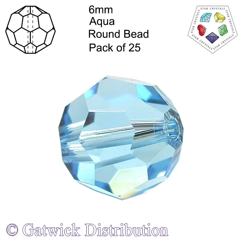 Star Crystals - Round Beads - 6mm - Aqua - Pack of 25