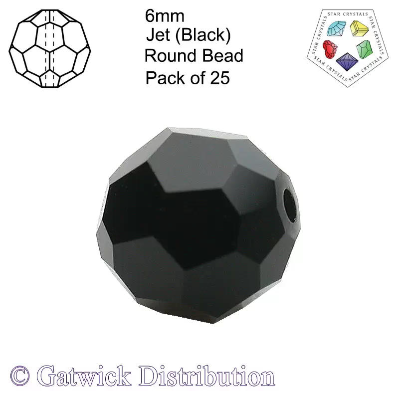 Star Crystals - Round Beads - 6mm - Jet - Pack of 25