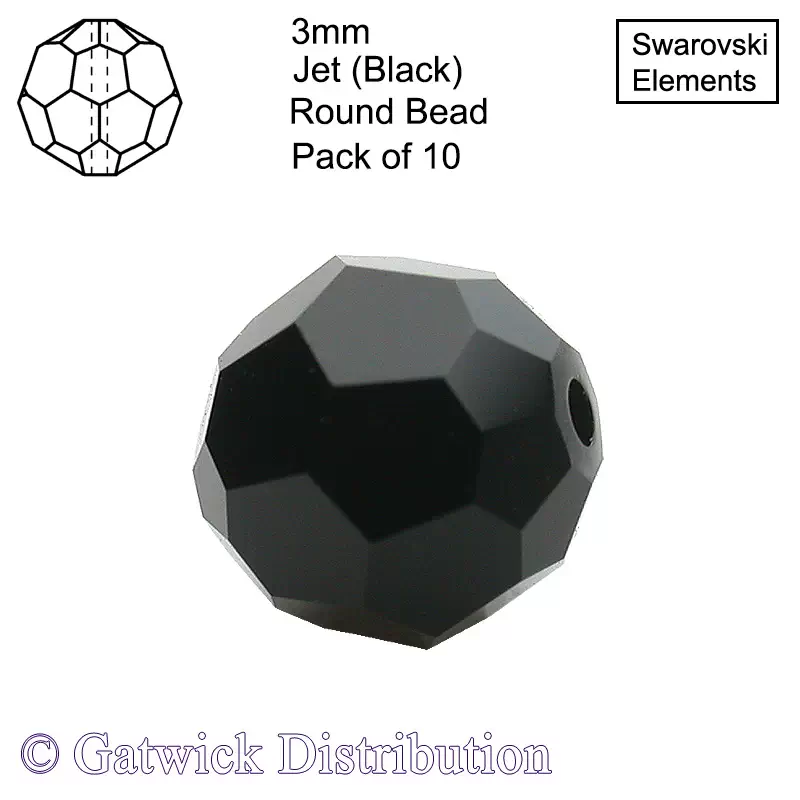 Swarovski Elements - Round Beads - 3mm - Jet - Pack of 10