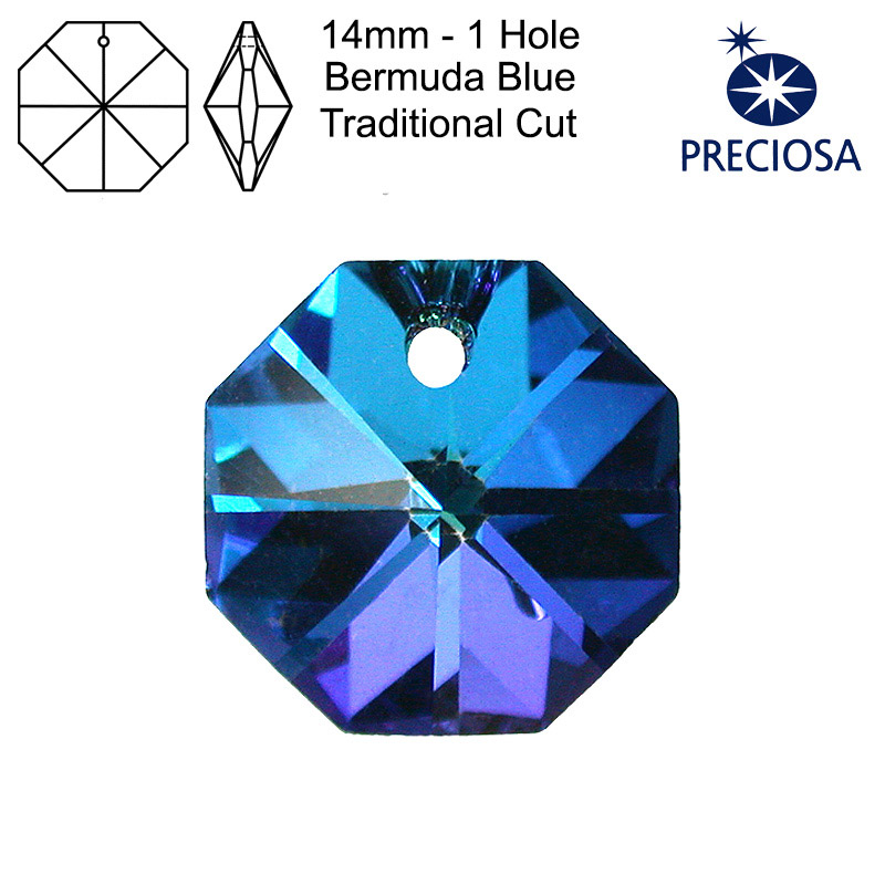 Preciosa Octagons - 14mm - 1 Hole - Bermuda Blue - Tray of 77