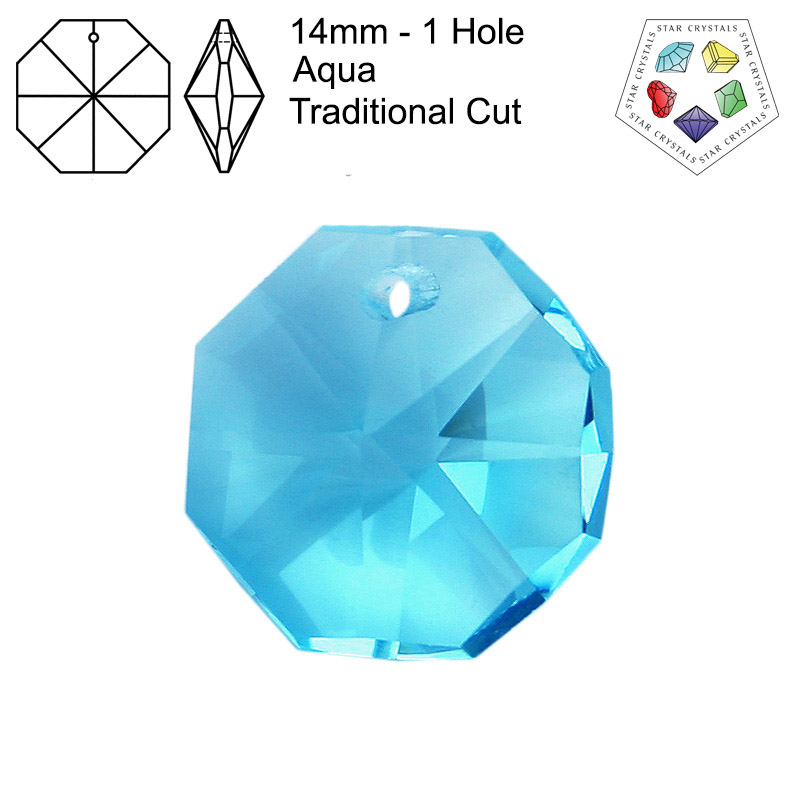 Star Crystals Octagons - 14mm - 1 Hole - Aqua - Tray of 70