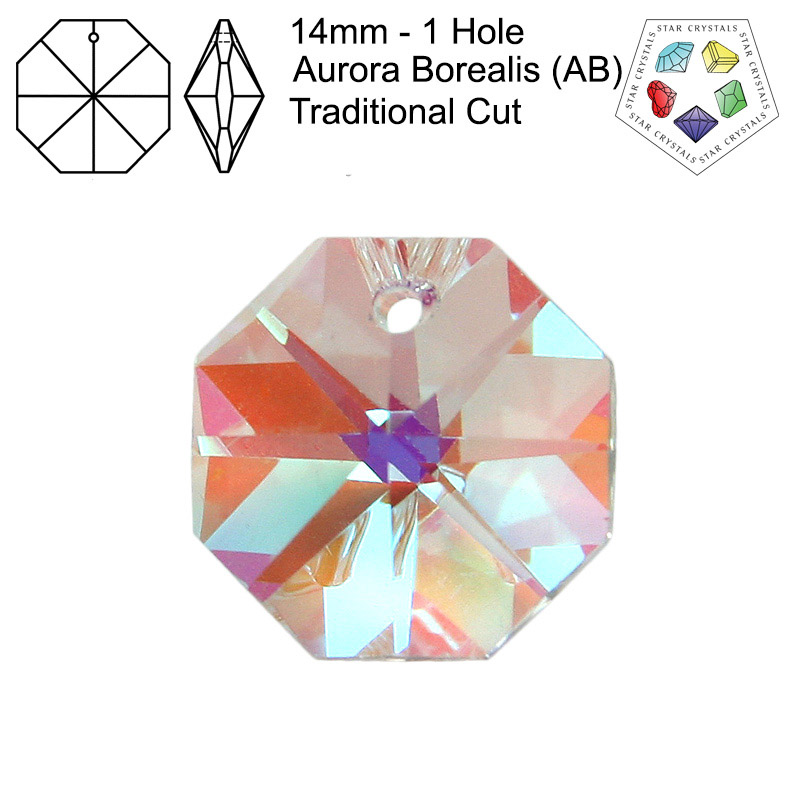 Star Crystals Octagons - 14mm - 1 Hole - Aurora Borealis (AB) - Tray of 70